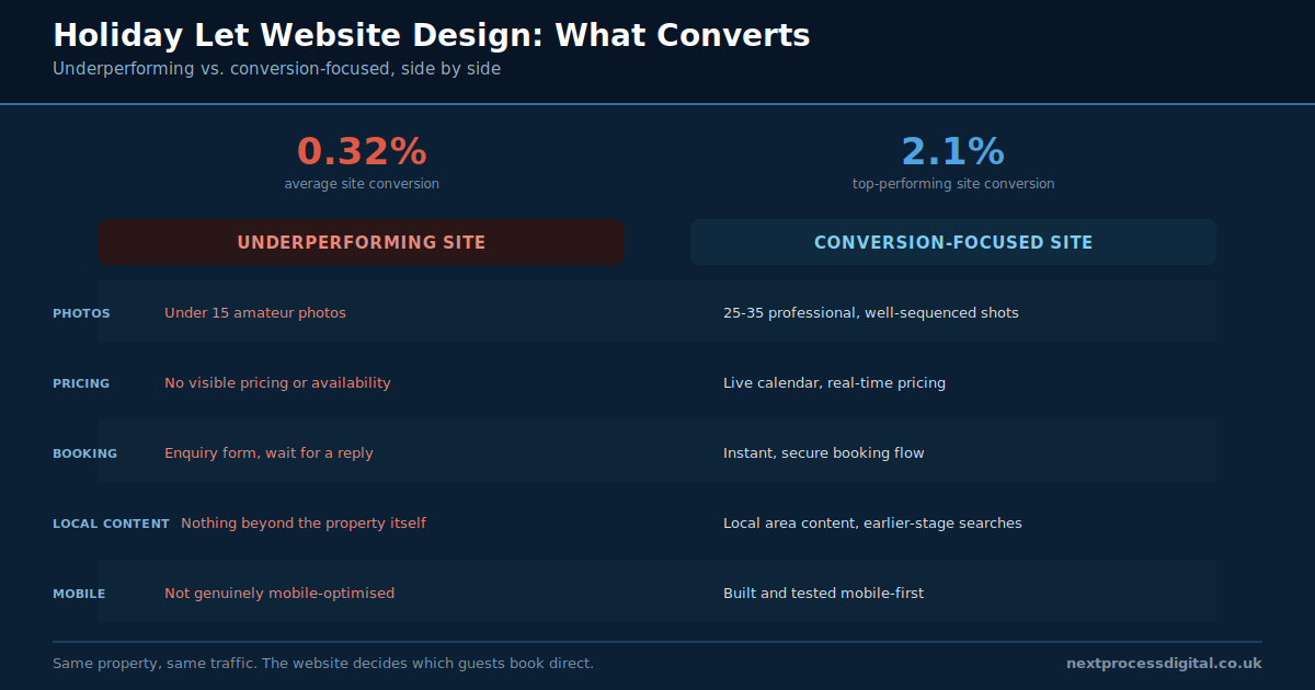 Underperforming versus conversion-focused holiday let website design compared across photos, pricing, booking flow, local content and mobile