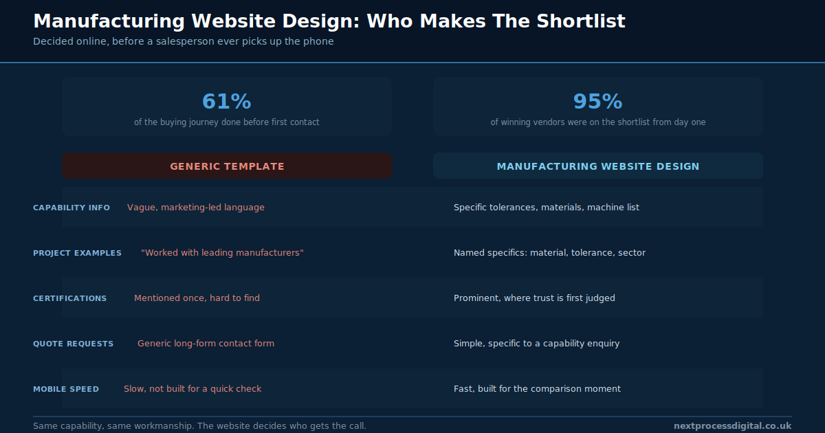 Manufacturing website design comparison showing generic template versus a site built for buyer shortlist decisions, covering capability info, project examples, certifications, quote requests and mobile speed