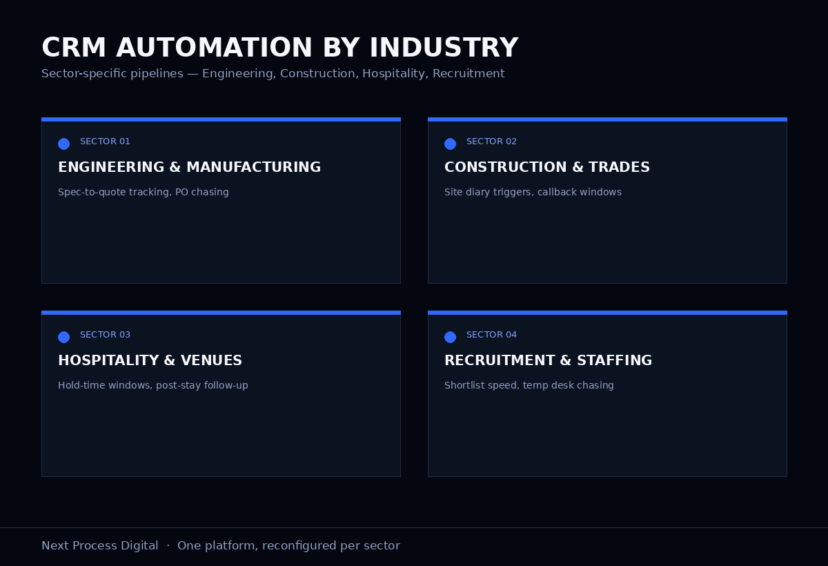 CRM automation by industry — dashboards for engineering, construction, hospitality and recruitment sectors